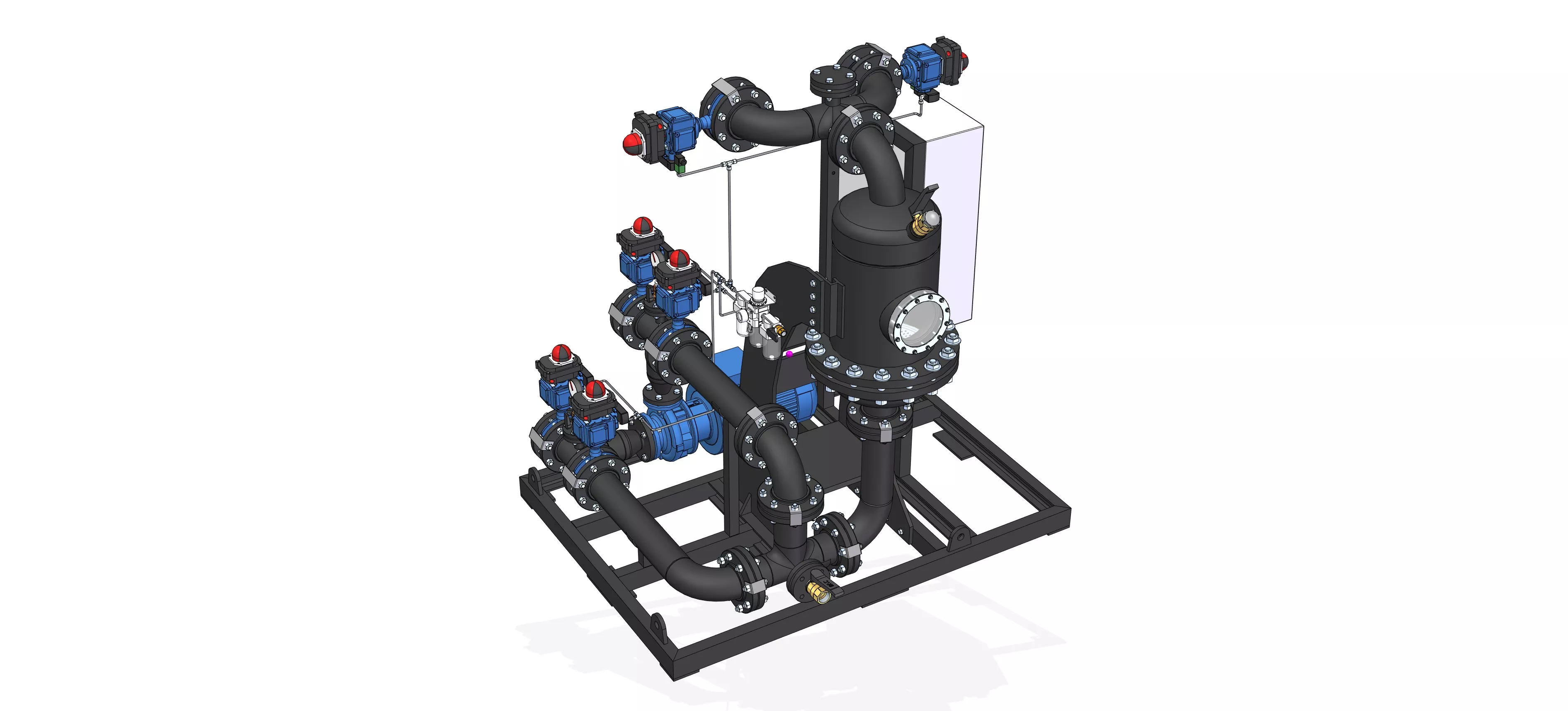 Automatic flow switching via pneumatic butterfly valves; Oversized ball collector